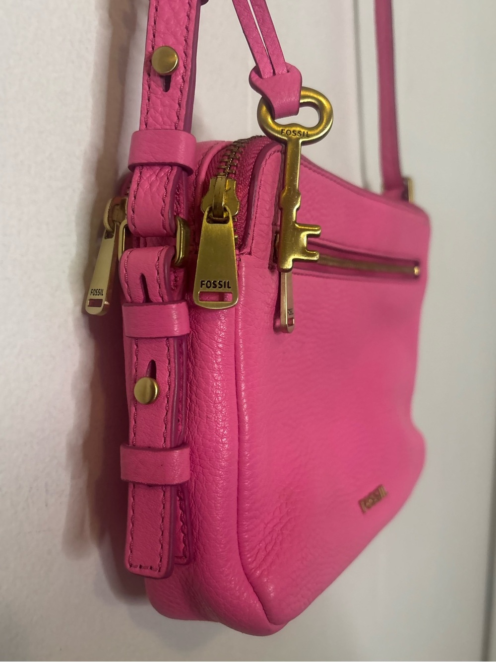 Fossil Piper Crossbody Sling Bag Bright Pink Pebbled Leather - Picture 8 of 15